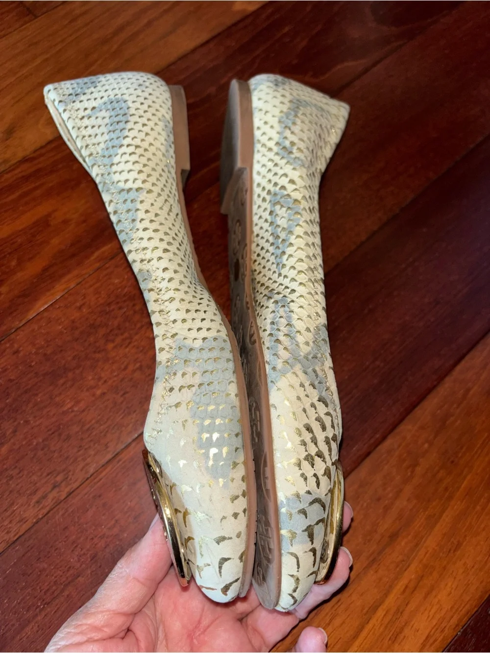 Tory Burch Cream Snakeskin-Embossed Ballet Flats with Gold Logo